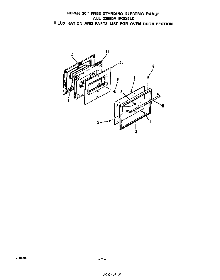 Oven Door Diagram and Parts List for 2265*0A  Roper Range
