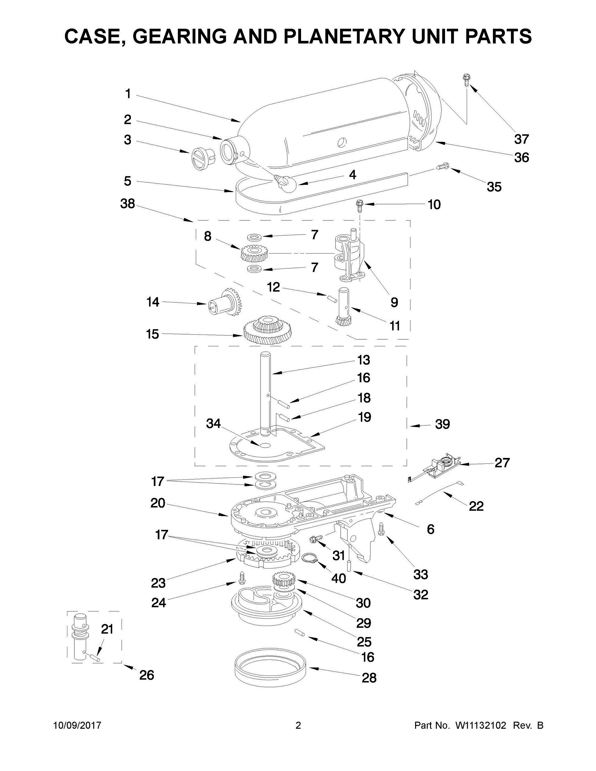 02 - CASE, GEARING AND PLANETARY UNIT PARTS Diagram and Parts List for 5KSM45AOB0  Whirlpool Mixer