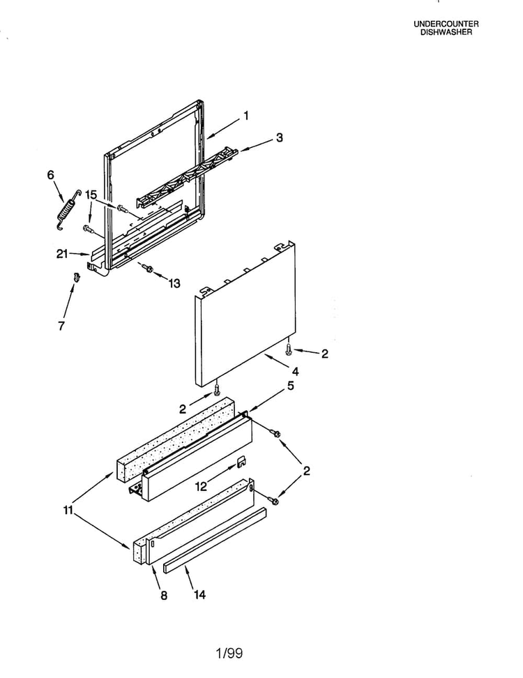 Door And Panel Diagram and Parts List for KUDS25SEWH0  KitchenAid Dishwasher