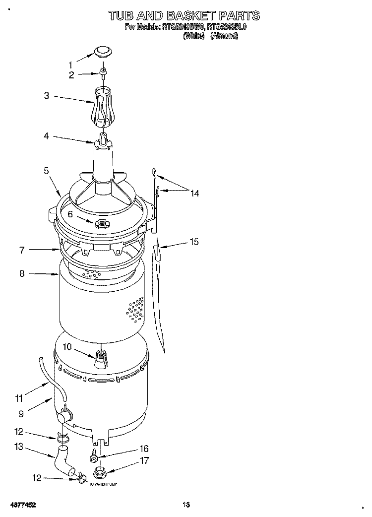 TUB AND BASKET Diagram and Parts List for RTG5243BL0  Roper Washer Dryer Combo