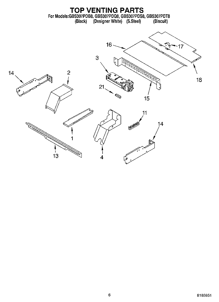 TOP VENTING, OPTIONAL Diagram and Parts List for GBS307PDB8  Whirlpool Wall Oven