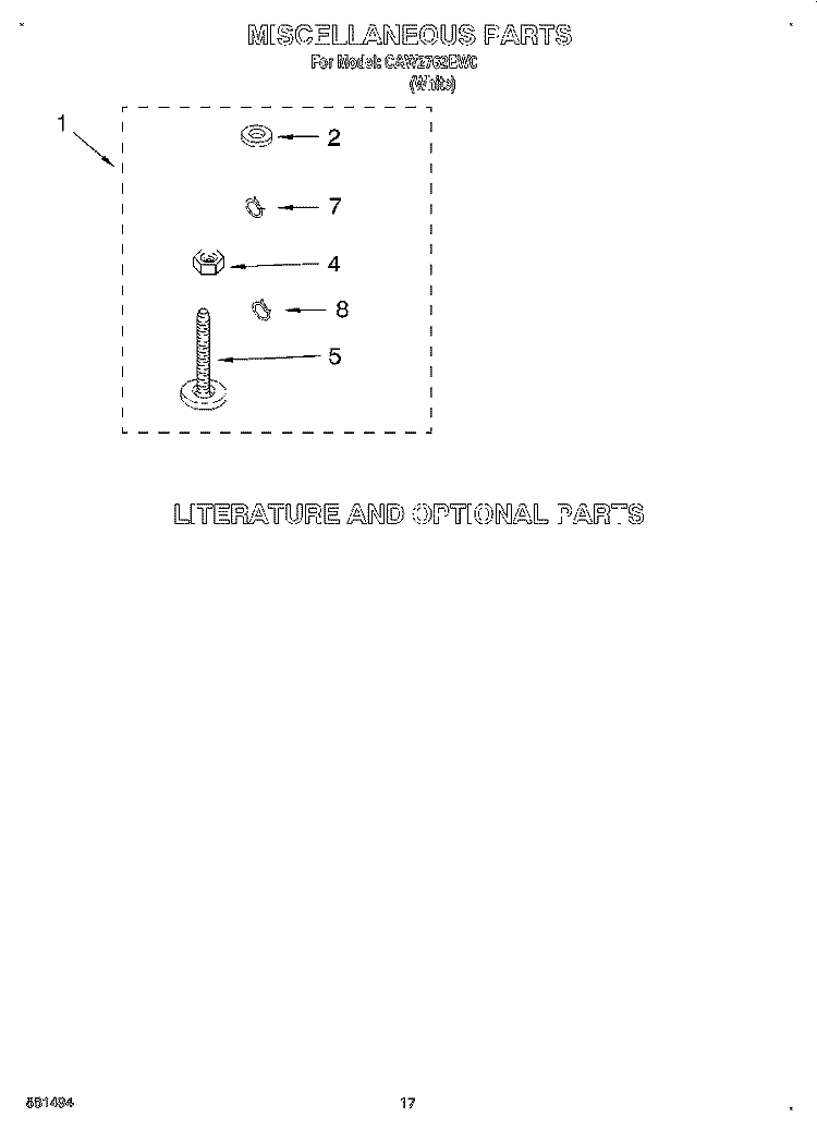 MISCELLANEOUS, LIT/OPTIONAL Diagram and Parts List for CCW2762EW0  Whirlpool Washer