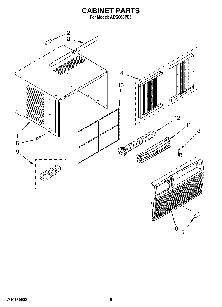 CABINET PARTS Diagram and Parts List for ACQ068PS5  Whirlpool Air Conditioner