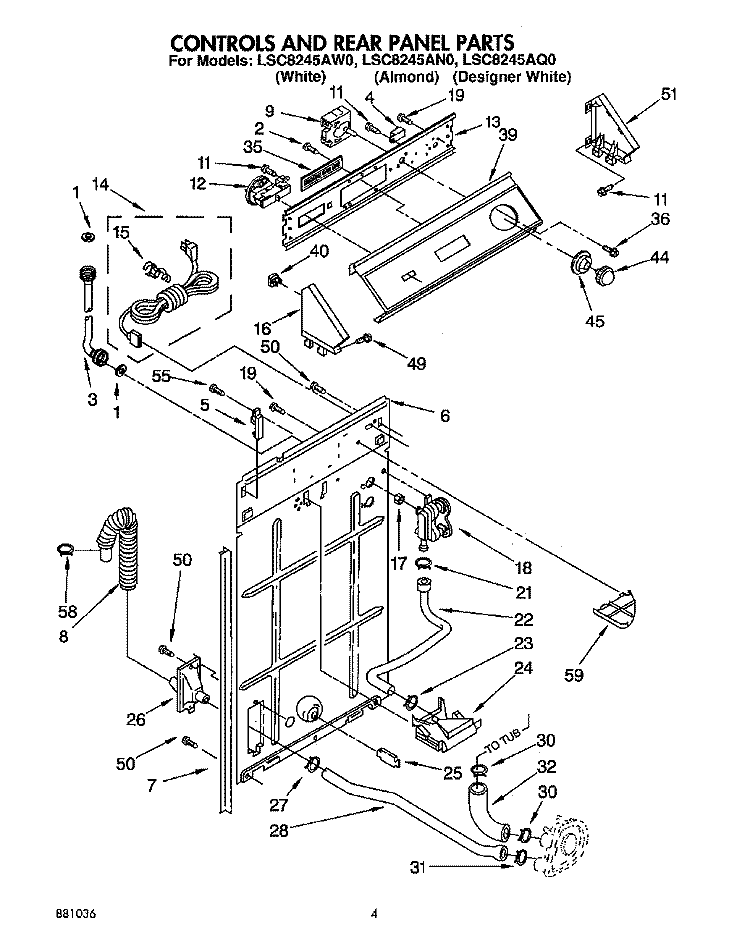 CONTROLS AND REAR PANEL Diagram and Parts List for LSC8245AQ0  Whirlpool Washer