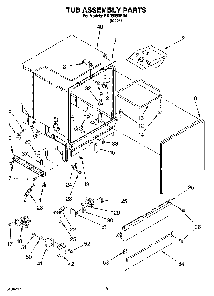 TUB ASSEMBLY PARTS Diagram and Parts List for RUD6050RD0  Roper Dishwasher