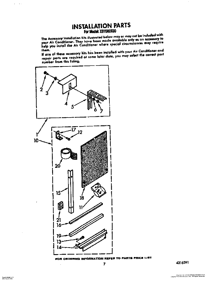 INSTALLATION Diagram and Parts List for X07002X00  Roper Air Conditioner