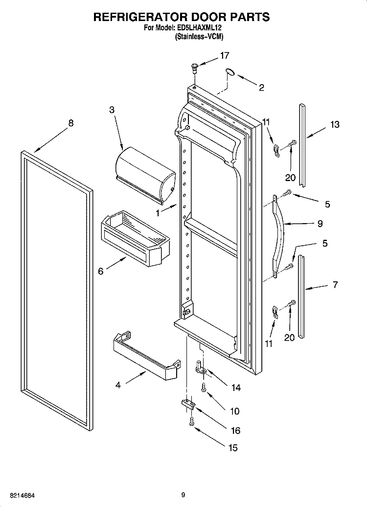 REFRIGERATOR DOOR PARTS Diagram and Parts List for ED5LHAXML12  Whirlpool Refrigerator