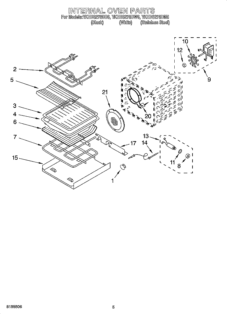 INTERNAL OVEN PARTS Diagram and Parts List for YKEBS278DW6  KitchenAid Wall Oven