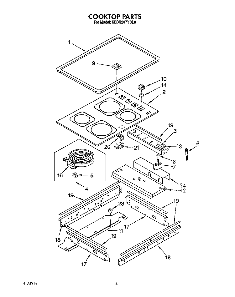 COOKTOP, LIT/OPTIONAL Diagram and Parts List for KEDH207YBL0  KitchenAid Range