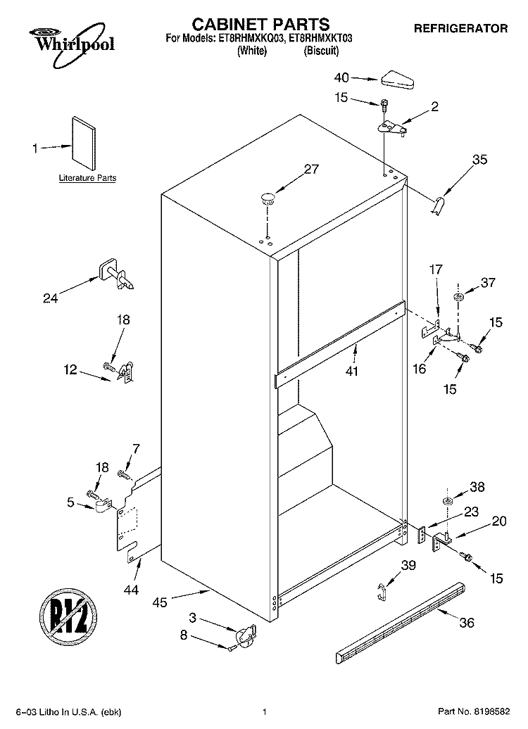 CABINET PARTS Diagram and Parts List for ET8RHMXKT03  Whirlpool Refrigerator