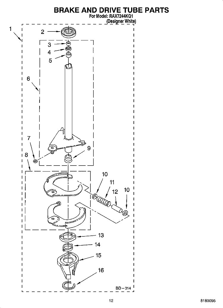 BRAKE AND DRIVE TUBE PARTS Diagram and Parts List for RAX7244KQ1  Roper Washer