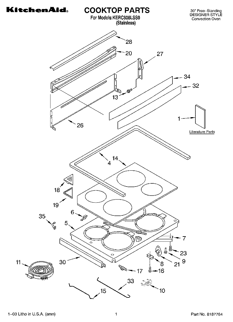 COOKTOP PARTS Diagram and Parts List for KERC608LSS0  KitchenAid Range
