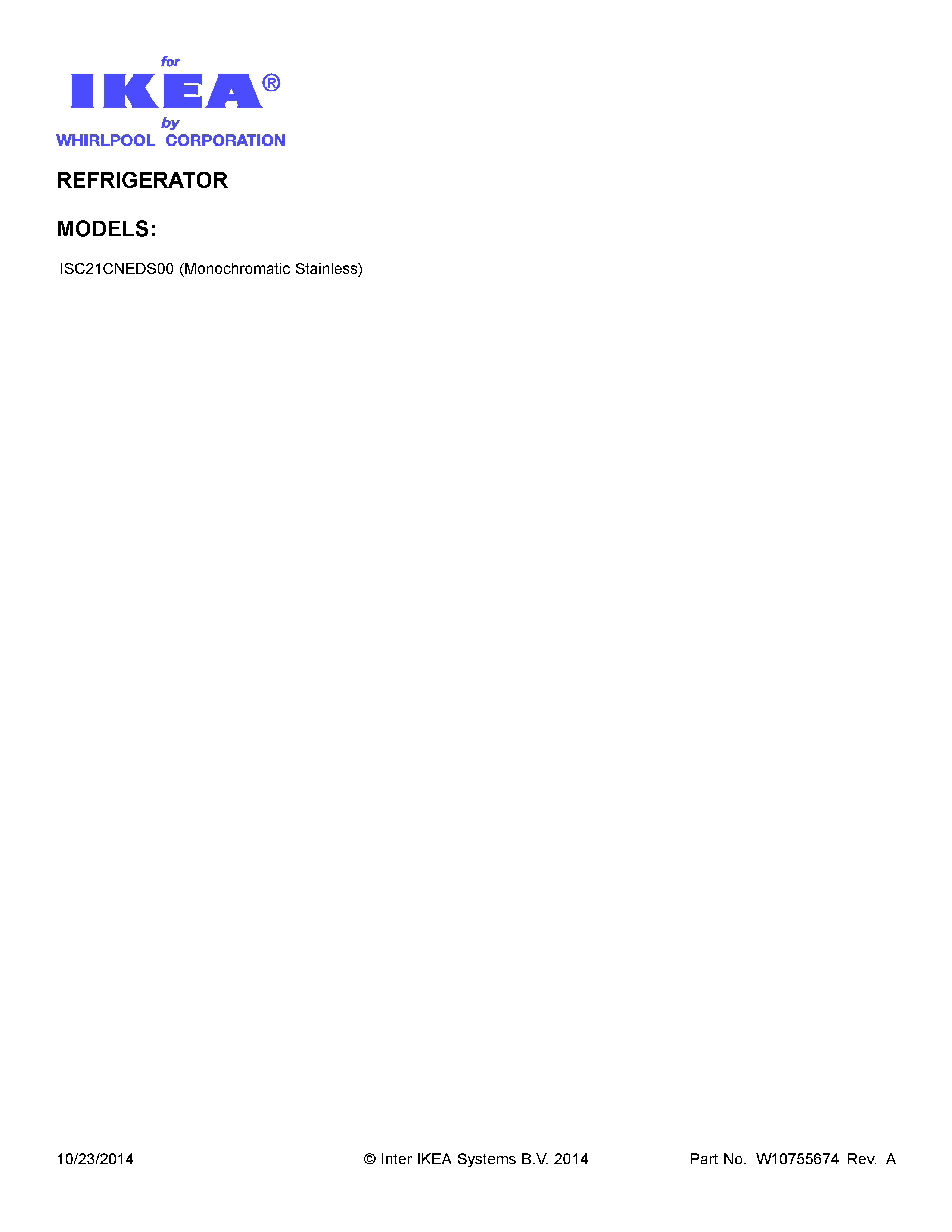 Cover Sheet Diagram and Parts List for ISC21CNEDS00  Whirlpool Refrigerator
