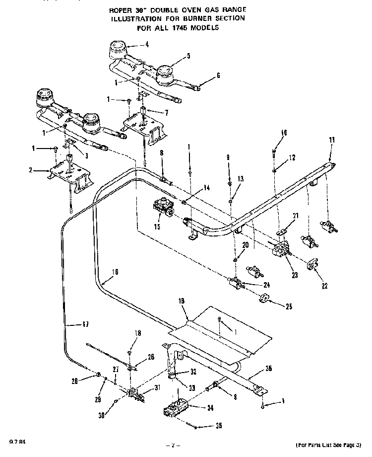Burner Diagram and Parts List for 1745*0A  Roper Range