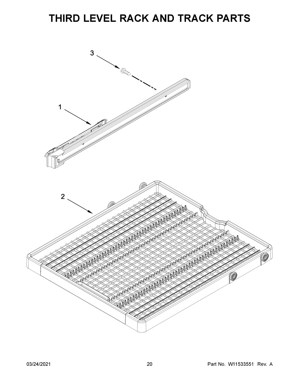 Third Level Rack And Track Parts Diagram and Parts List for 66514815N613  Whirlpool Dishwasher