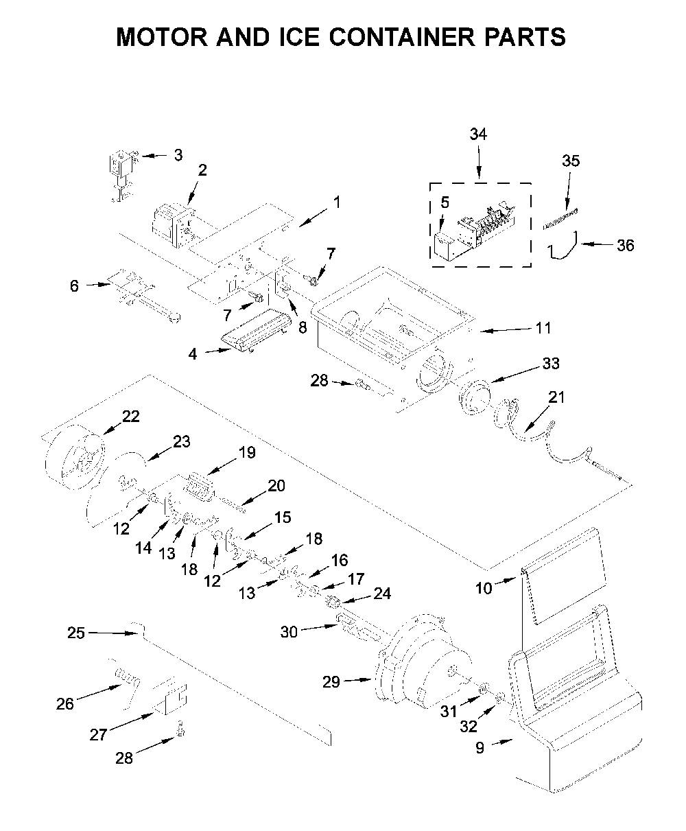 Motor and ice container parts Diagram and Parts List for 10651112711  Kenmore Refrigerator