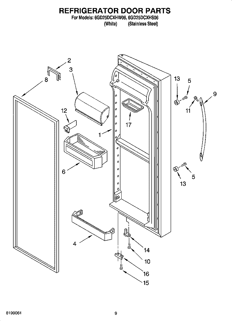 REFRIGERATOR DOOR PARTS Diagram and Parts List for 6GD25DCXHS06  Whirlpool Refrigerator
