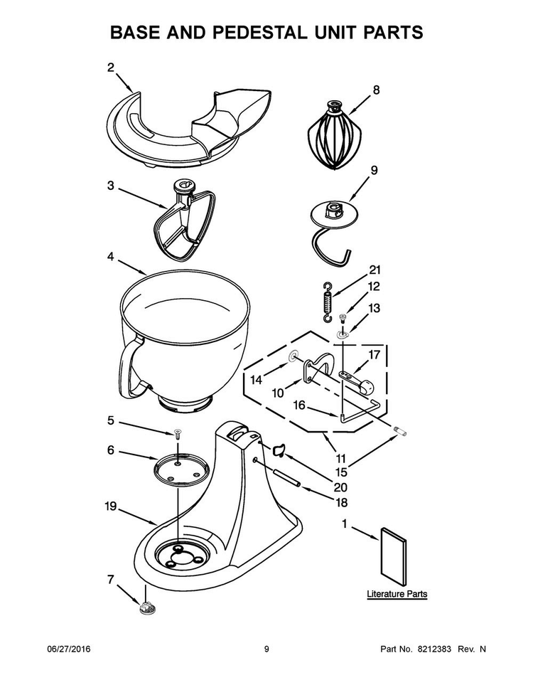 Base And Pedestal Unit Parts Diagram and Parts List for 5KSM150PSEAZ4  KitchenAid Mixer