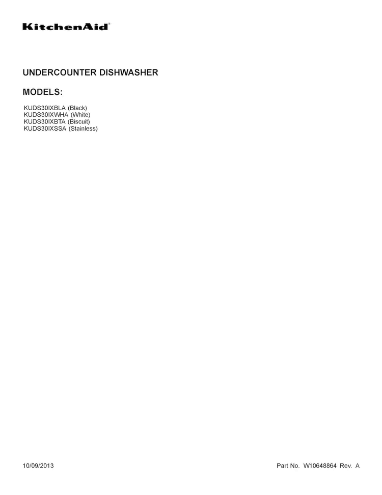 Cover Sheet Diagram and Parts List for KUDS30IXBTA  KitchenAid Dishwasher