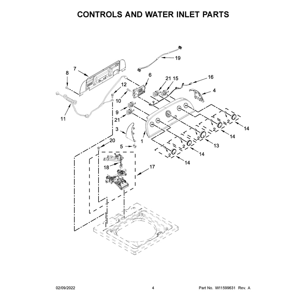 Controls And Water Inlet Diagram and Parts List for WTW4816FW3  Whirlpool Washer