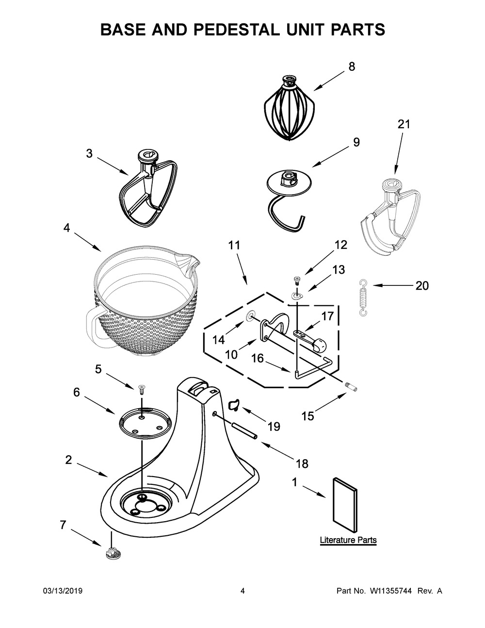 Base And Pedestal Unit Parts Diagram and Parts List for 5KSM180RCRMB0  Whirlpool Mixer