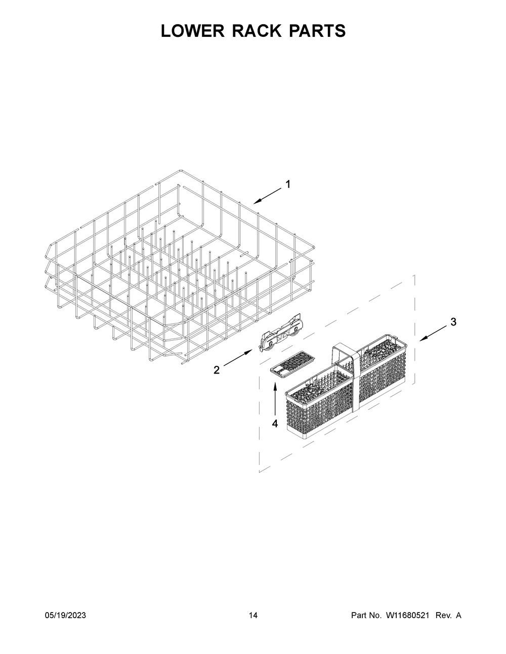 Lower Rack Parts Diagram and Parts List for KDFE204KWH2  KitchenAid Dishwasher