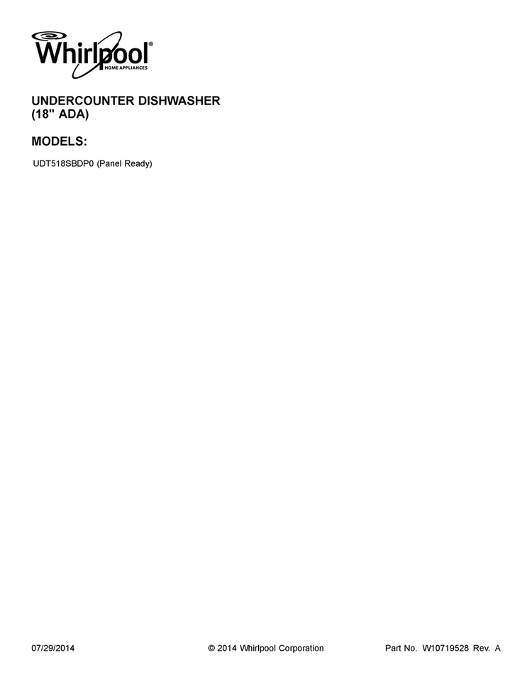 Cover Sheet Diagram and Parts List for UDT518SBDP0  Whirlpool Dishwasher