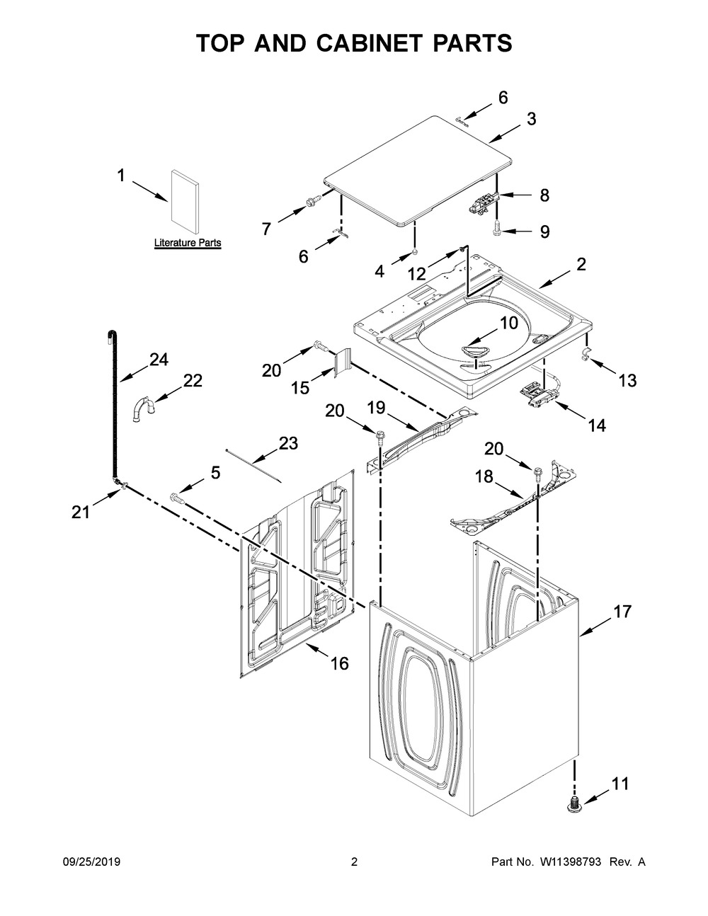 Top And Cabinet Parts Diagram and Parts List for 4KWTW5900JW0  Whirlpool Washer