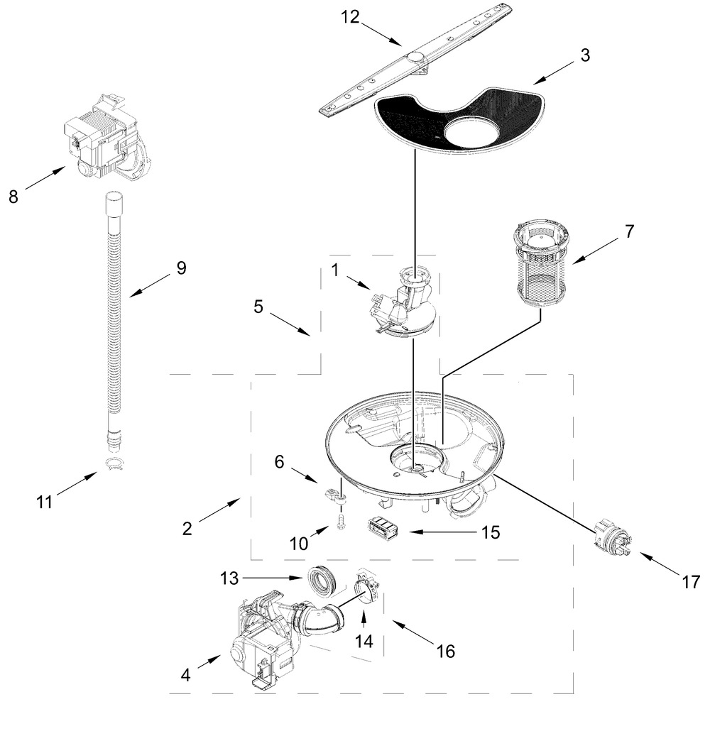 Pump, Washarm And Motor Parts Diagram and Parts List for ADFS2524RZ0  Whirlpool Dishwasher