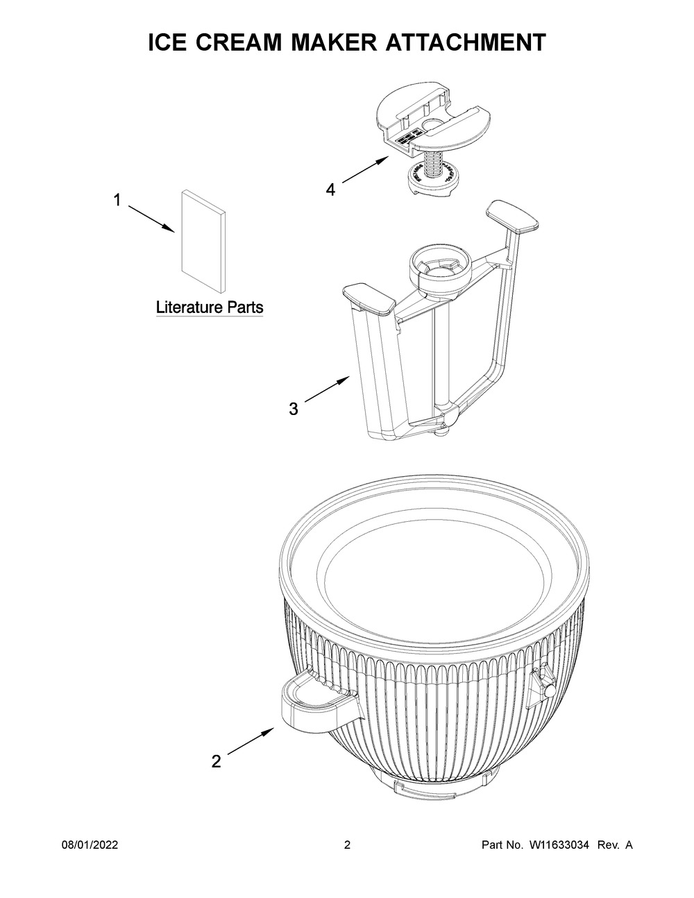 Ice Cream Maker Attachment Diagram and Parts List for 5KSMICM0  KitchenAid Ice Cream Maker