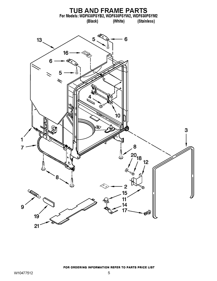 TUB AND FRAME PARTS Diagram and Parts List for WDF530PSYB2  Whirlpool Dishwasher