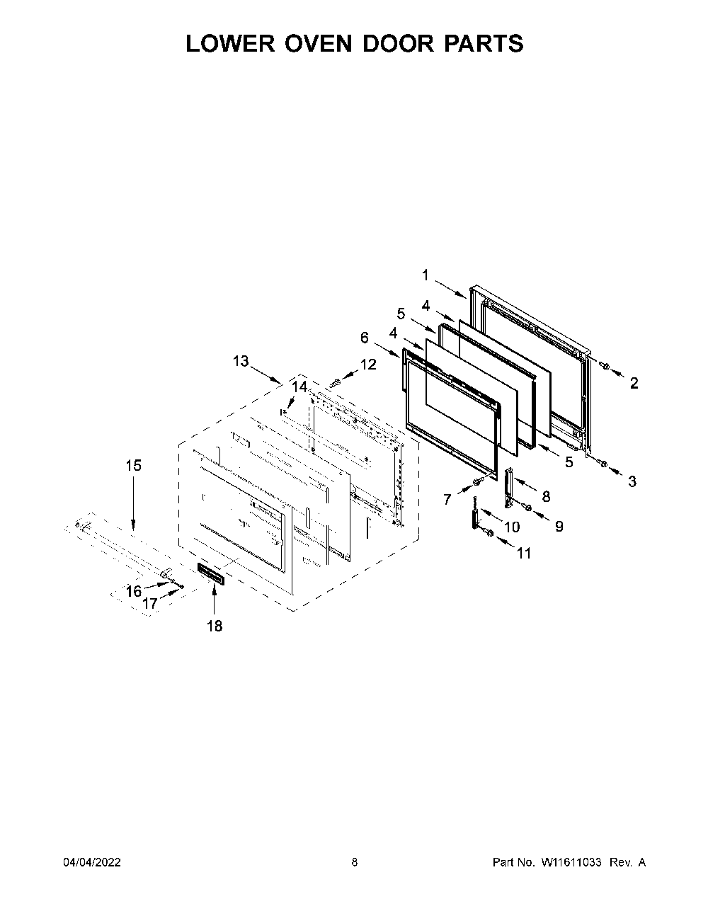 Lower Oven Door Parts Diagram and Parts List for KODE500EWH20  KitchenAid Wall Oven