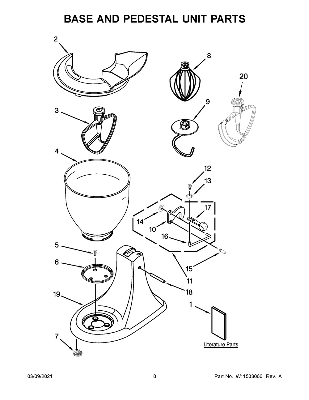 Base And Pedestal Unit Parts Diagram and Parts List for KSM85PSQMY0  Whirlpool Mixer