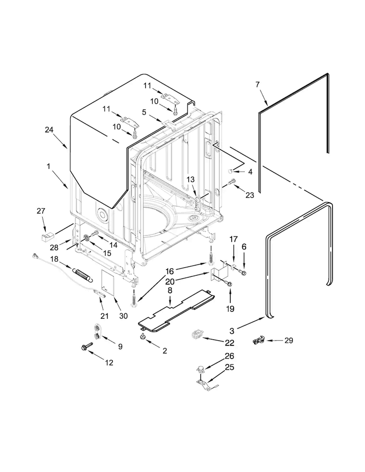 Tub And Frame Parts Diagram and Parts List for KDTE404DWH0  KitchenAid Dishwasher