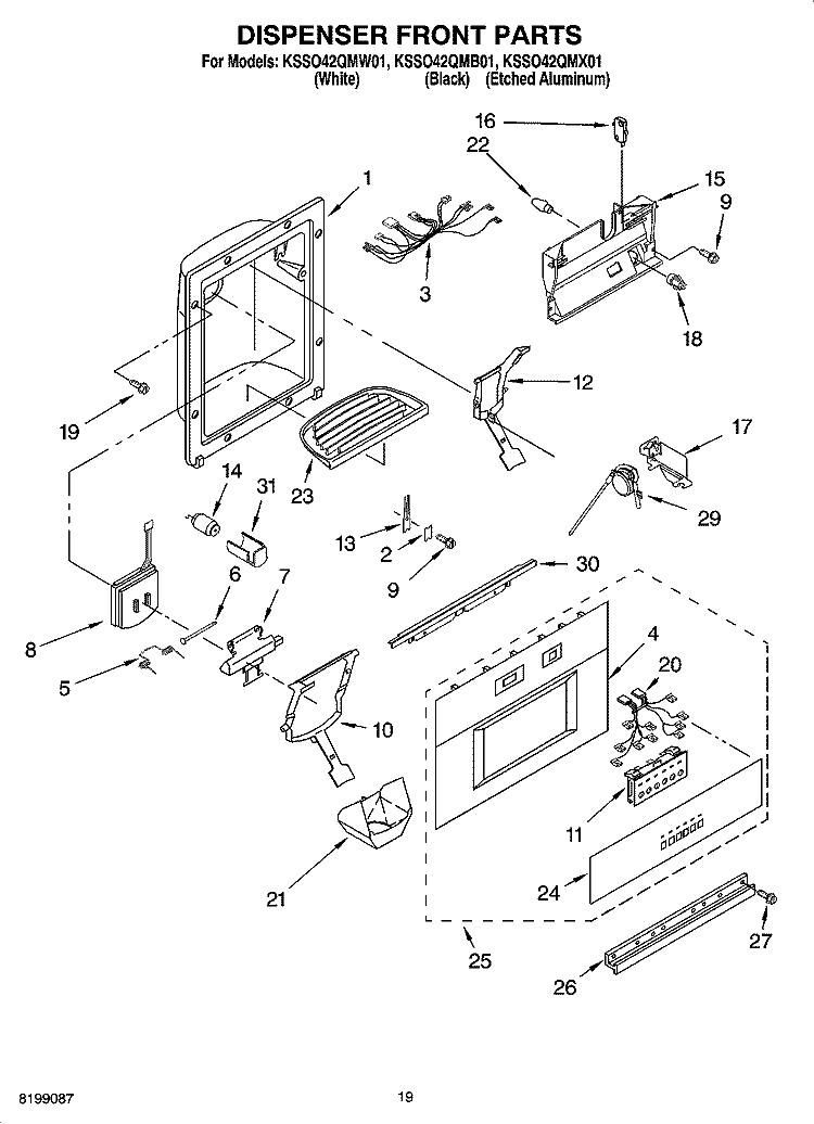 DISPENSER AND FRONT PARTS Diagram and Parts List for KSSO42QMB01  KitchenAid Refrigerator