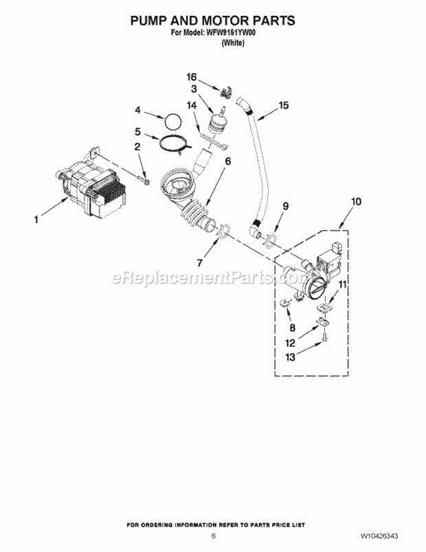 PUMP AND MOTOR PARTS Diagram and Parts List for WFW9151YW00  Whirlpool Washer