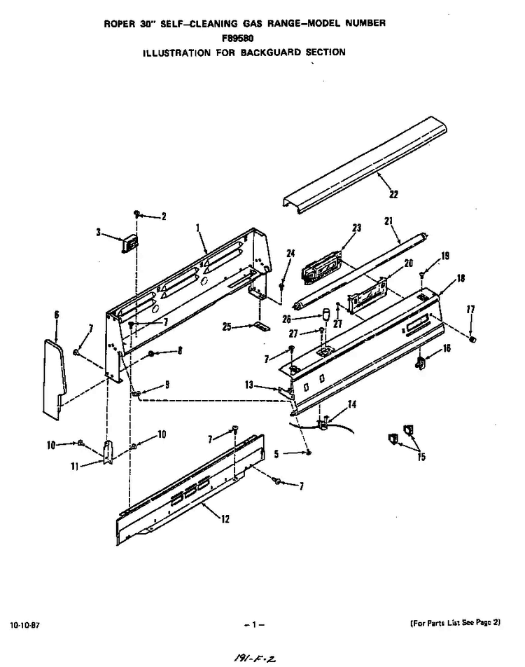 Backguard Diagram and Parts List for F8958*0  Roper Range