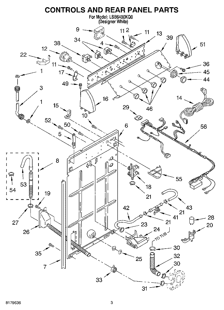 CONTROLS AND REAR PANEL Diagram and Parts List for LSB6400KQ0  Whirlpool Washer
