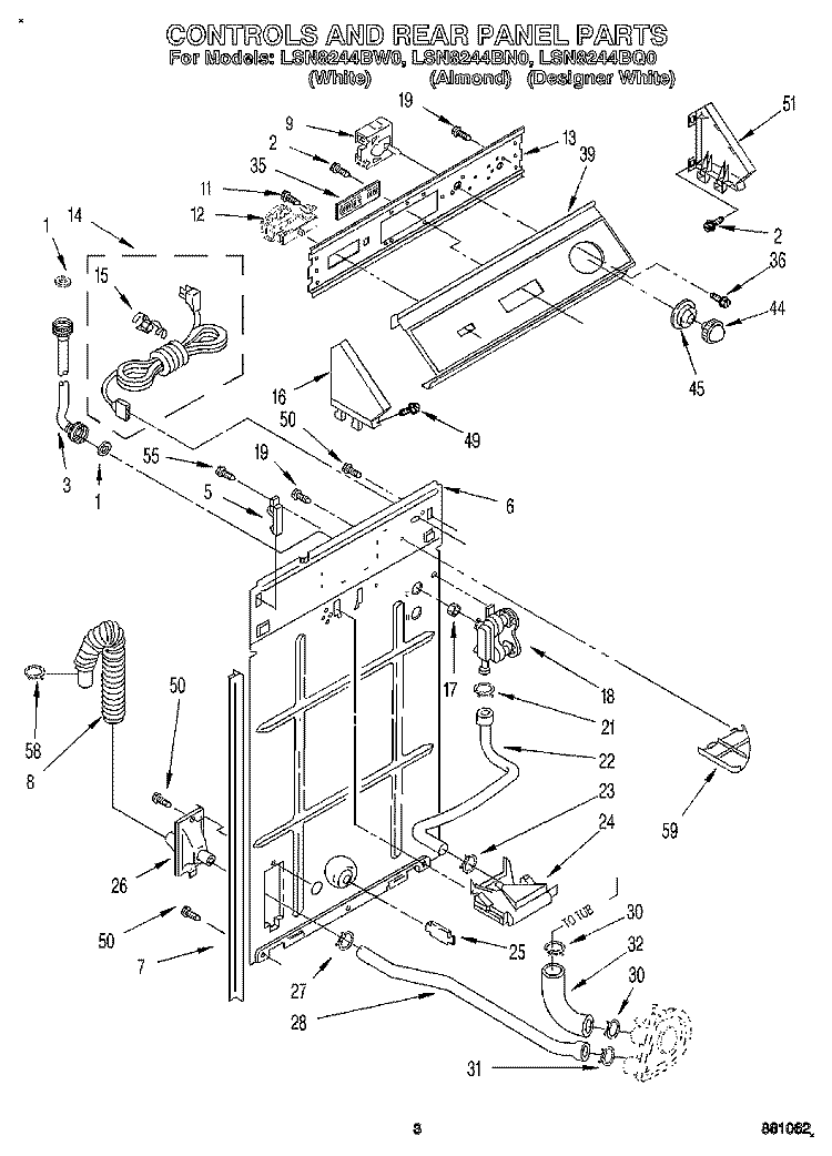 CONTROLS AND REAR PANEL Diagram and Parts List for LSN8244BN0  Whirlpool Washer