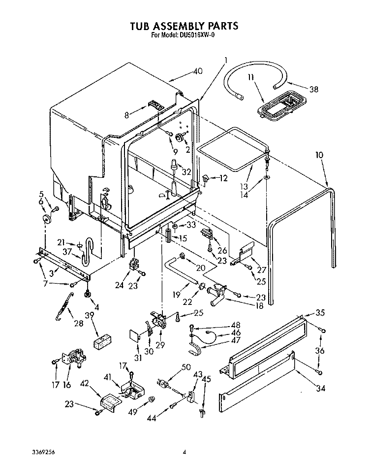 TUB ASSEMBLY Diagram and Parts List for DU5016XW0  Whirlpool Dishwasher