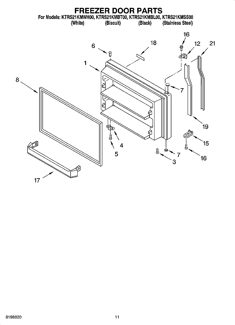 FREEZER DOOR PARTS, OPTIONAL PARTS Diagram and Parts List for KTRS21KMBT00  KitchenAid Refrigerator