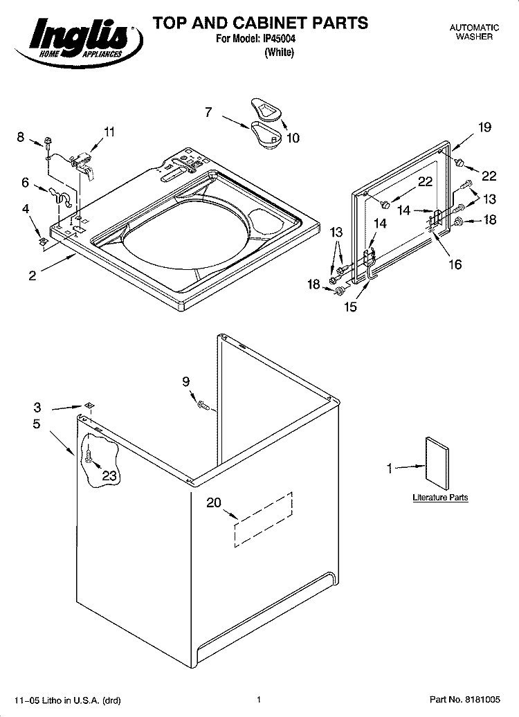 TOP AND CABINET PARTS Diagram and Parts List for IP45004  Inglis Washer