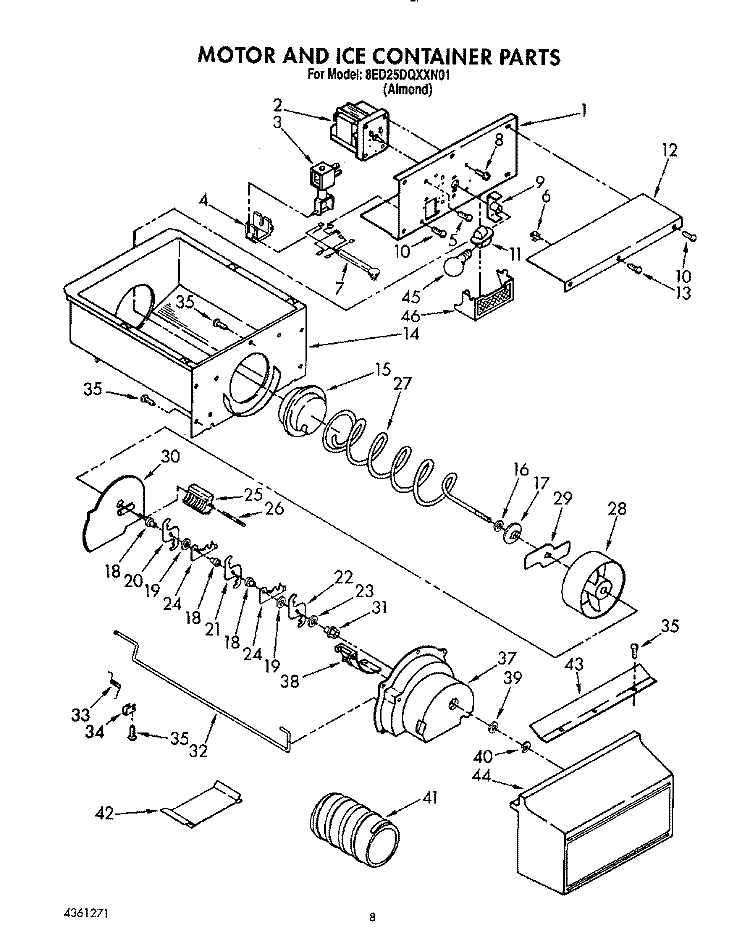 MOTOR AND ICE CONTAINER Diagram and Parts List for 8ED25DQXXN01  Whirlpool Refrigerator