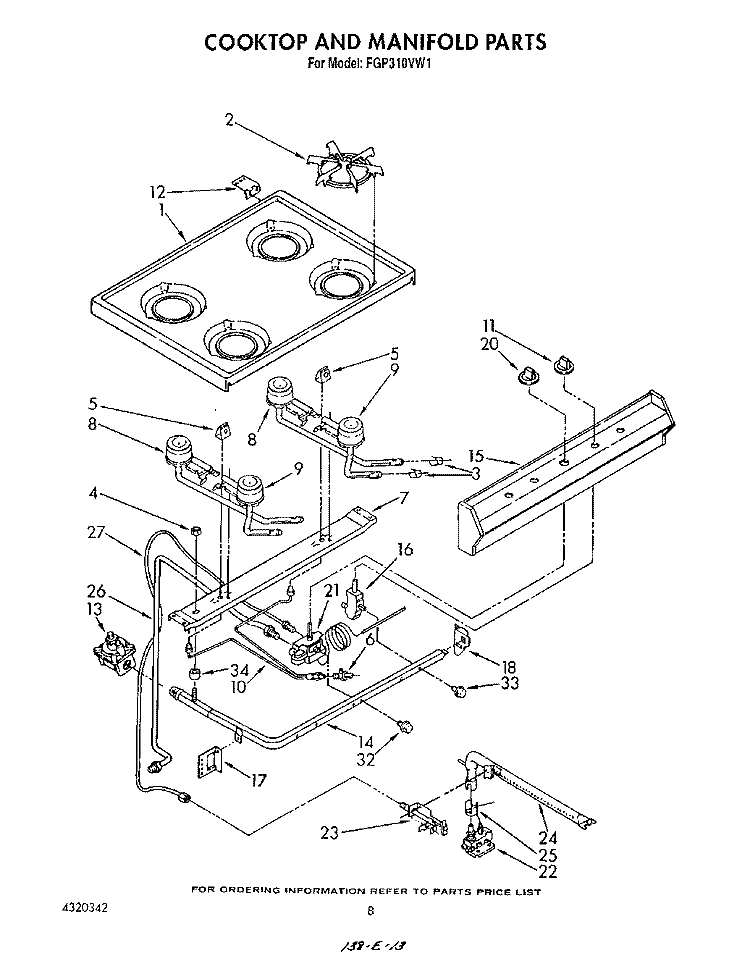 COOK TOP AND MANIFOLD , LITERATURE Diagram and Parts List for FGP310VL1  Whirlpool Range