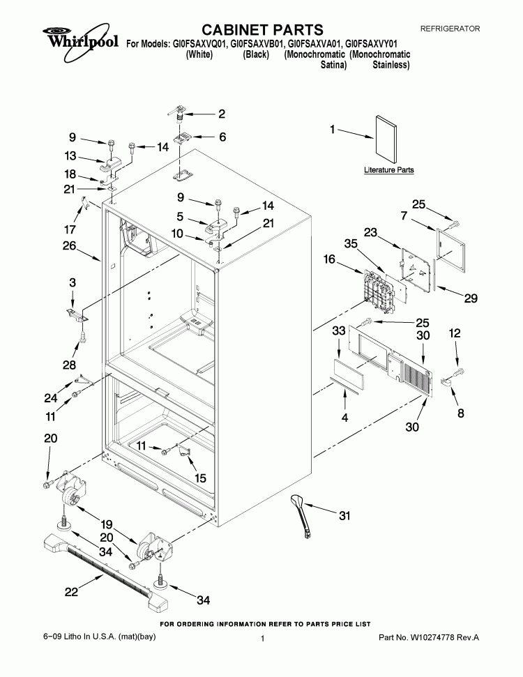 CABINET PARTS Diagram and Parts List for GI0FSAXVA01  Whirlpool Refrigerator