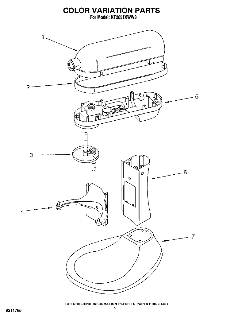 COLOR VARIATION PARTS Diagram and Parts List for KT2651XWW3  KitchenAid Mixer