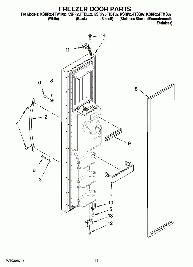 FREEZER DOOR PARTS Diagram and Parts List for KSRP25FTWH02  KitchenAid Refrigerator