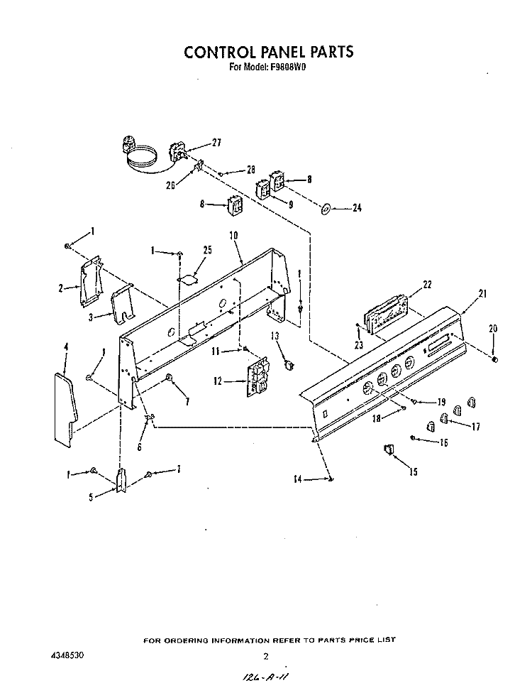 CONTROL PANEL Diagram and Parts List for F9808B0  Roper Range