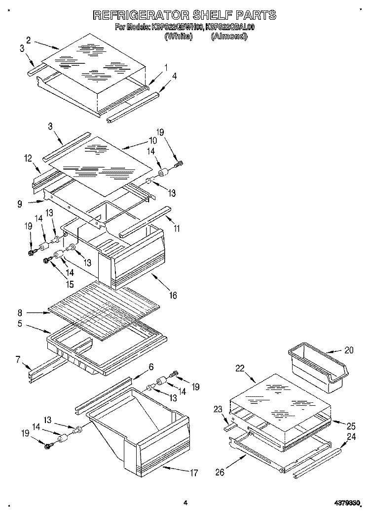 REFRIGERATOR SHELF Diagram and Parts List for KSPS22QBWH00  KitchenAid Refrigerator