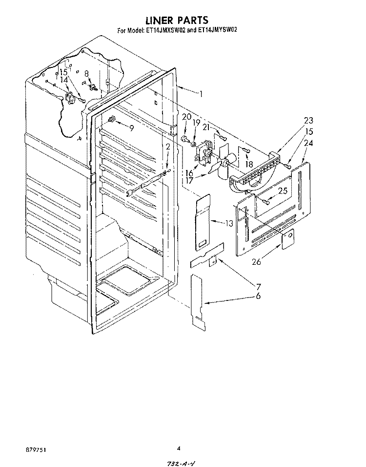 LINER Diagram and Parts List for ET14JMYSF02  Whirlpool Refrigerator